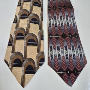 Lot x2 CONTE DI MILANO Men's Neck Tie Art Deco Geometric Gold 100% Silk Imported